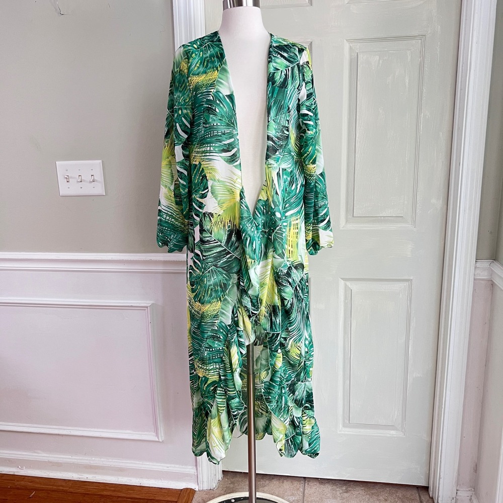 Unbranded Kimono Duster OS Womens Tropical Monstera Leaf Ruffle Green Vacation